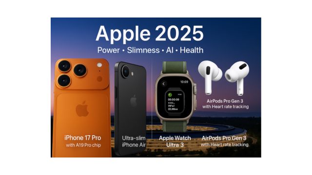 Apple 2025 launch featured image showing iPhone 17 Pro, iPhone Air, Watch Ultra 3, and AirPods Pro Gen 3 with futuristic design highlights