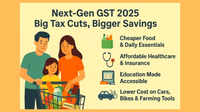 Illustration showing food, healthcare, education, and transport benefits from Next-Gen GST Reform 2025 with text overlay highlighting tax cuts and savings.