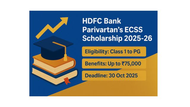 Alt Text: HDFC Bank ECSS Scholarship 2025–26 featured image with ₹75,000, books, graduation cap, and key details.