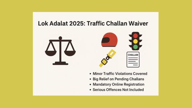 Lok Adalat 2025 traffic challan waiver – minor violations eligible for rebate, registration process, excluded offences, and key benefits for vehicle owners.