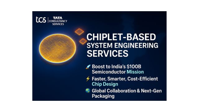 Futuristic semiconductor chiplet design graphic with TCS logo, highlighting India’s semiconductor mission and innovation in chip design.