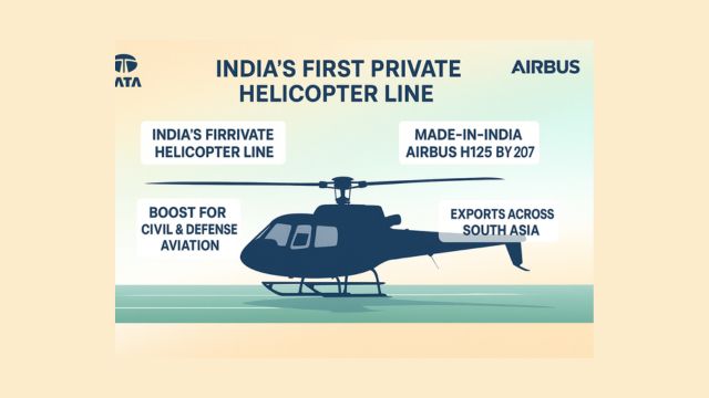 Infographic of Airbus H125 helicopter with key highlights of Tata-Airbus India assembly line milestone in Karnataka.