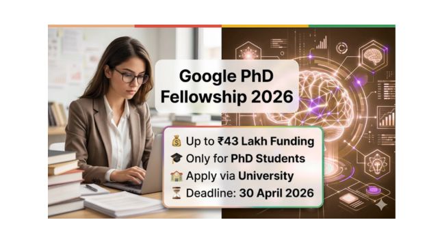 Google PhD Fellowship India 2026 featured image showing PhD student research, funding up to ₹43 lakh, eligibility and last date April 30